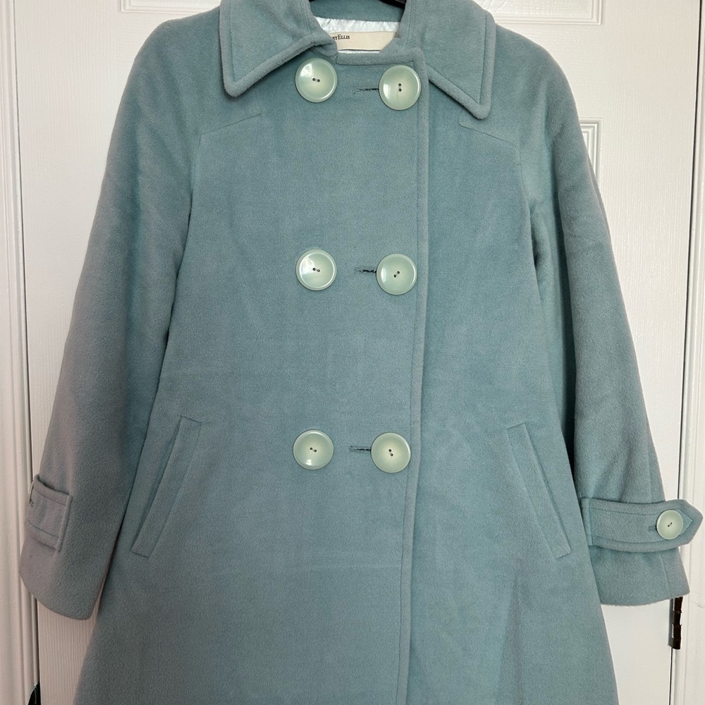 Perry Ellis Blue Pea Angora Wool Coat Double-Breasted Style